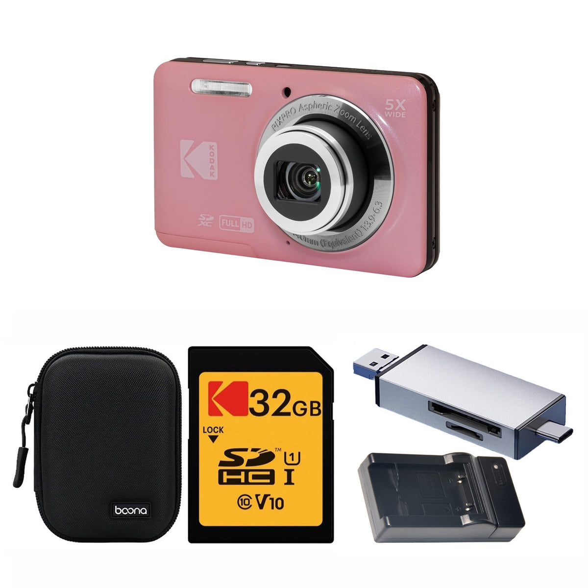 KODAK PIXPRO FZ55 Digital Camera, Pink, Black Carry Case, 32GB SD Card, Silver Card Reader, Charging Cradle, Solid Style Bundle — image 1