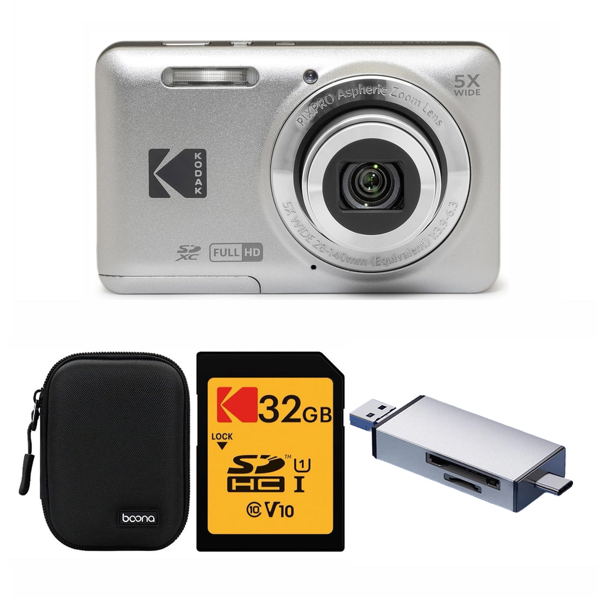 KODAK PIXPRO FZ55 Digital Camera, Silver, Black Carry Case, 32GB SD Card, Silver Card Reader, Solid Style Bundle — image 1