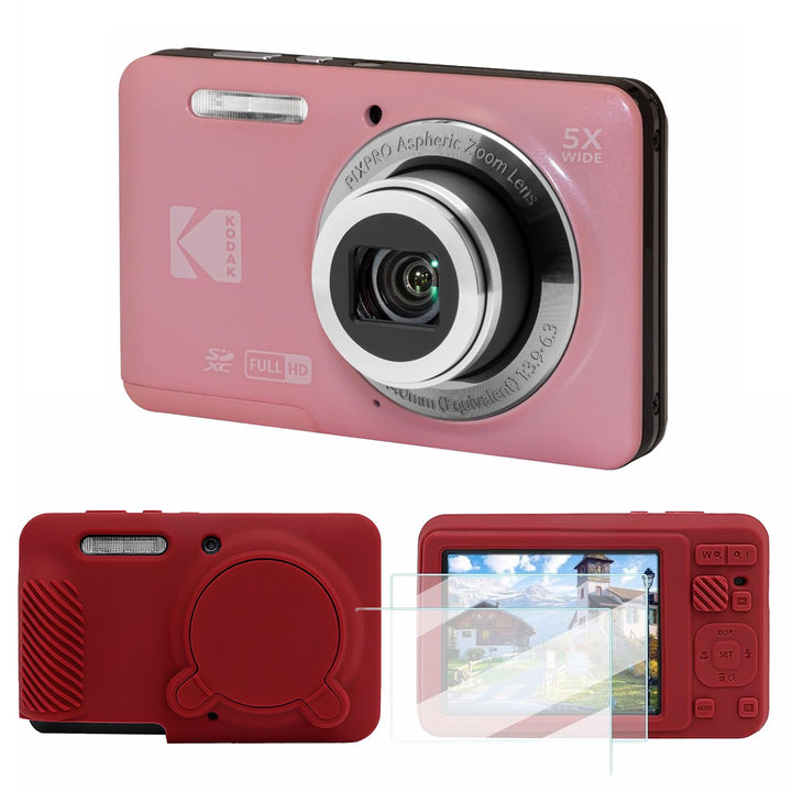 KODAK PIXPRO FZ55 Digital Camera, Pink, Red Cat Silicone Case Bundle