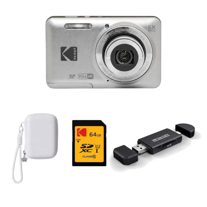 KODAK PIXPRO FZ55 Digital Camera, Silver, Ivory Strap Carry Case, 64GB SD Card, 3-in-1 Card Reader Bundle - image 1