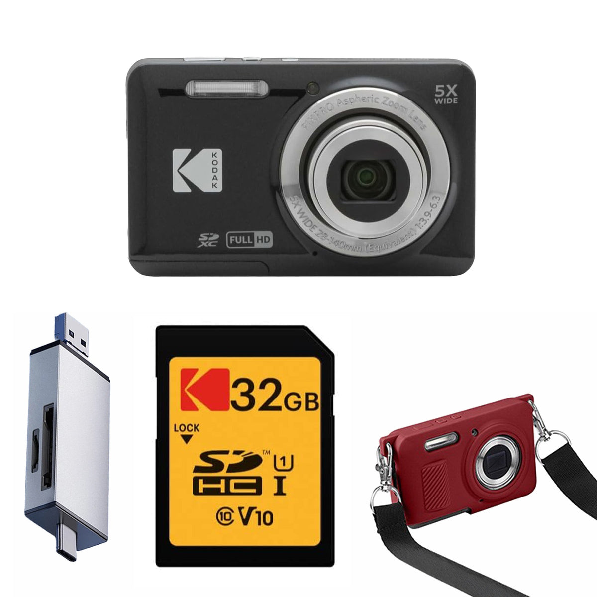 KODAK PIXPRO FZ55 Digital Camera, Black, 32GB SD Card, Silver Card Reader, Red Strap Silicone Case Bundle — image 1