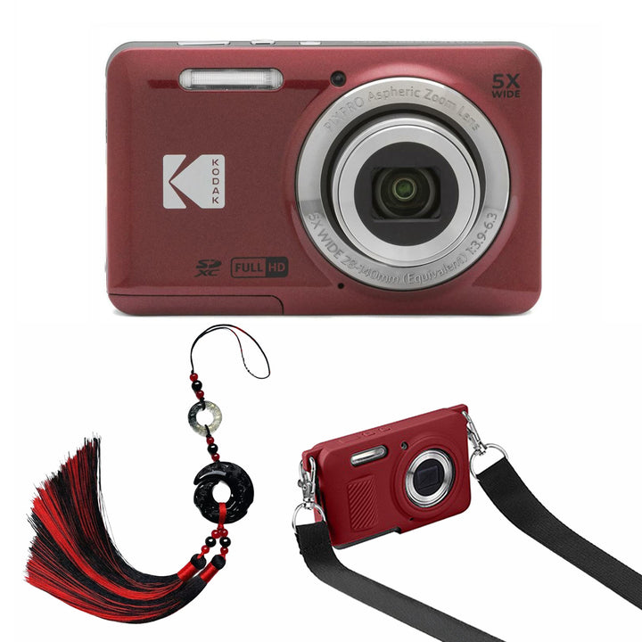 KODAK PIXPRO FZ55 Digital Camera, Red, Red Strap Silicone Case, Tassel Charm Bundle
