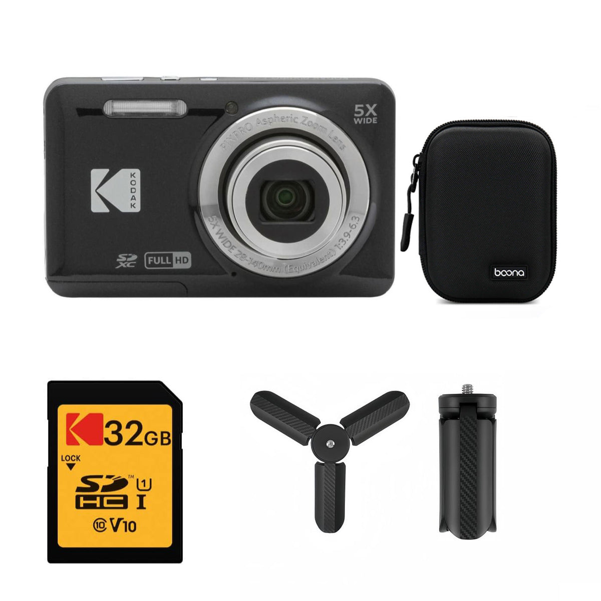 KODAK PIXPRO FZ55 Digital Camera, Black, Black Carry Case, 32GB SD Card, Mini Tripod Bundle — image 1
