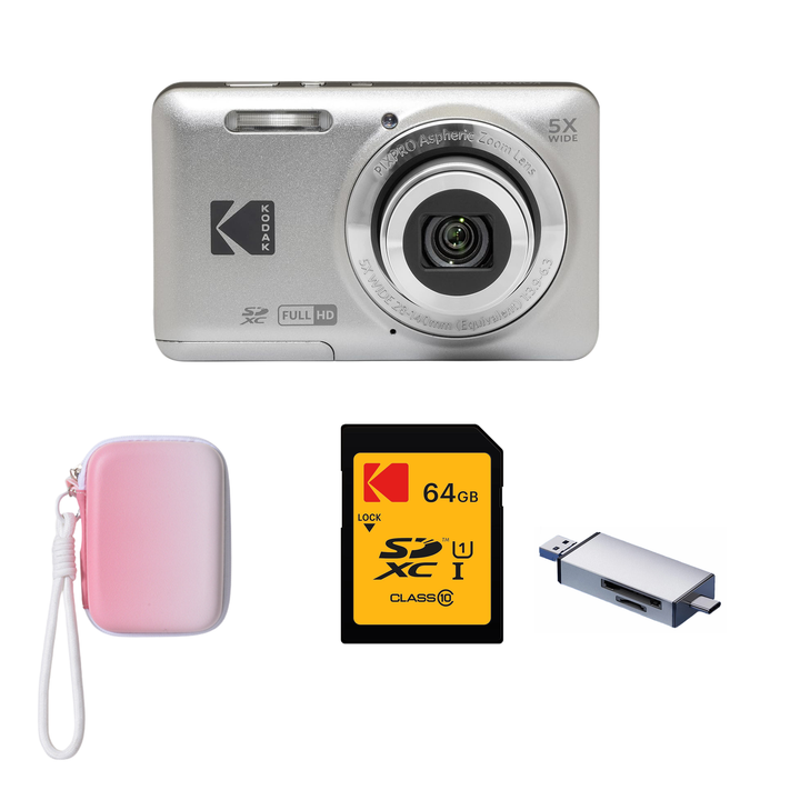 KODAK PIXPRO FZ55 Digital Camera, Silver, Gradient Pink Strap Carry Case, 64GB SD Card, Silver Card Reader Bundle - image 1