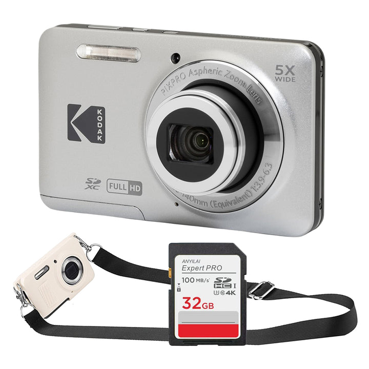 KODAK PIXPRO FZ55 Digital Camera, Silver, 32GB SD Card, Strap Style Bundle