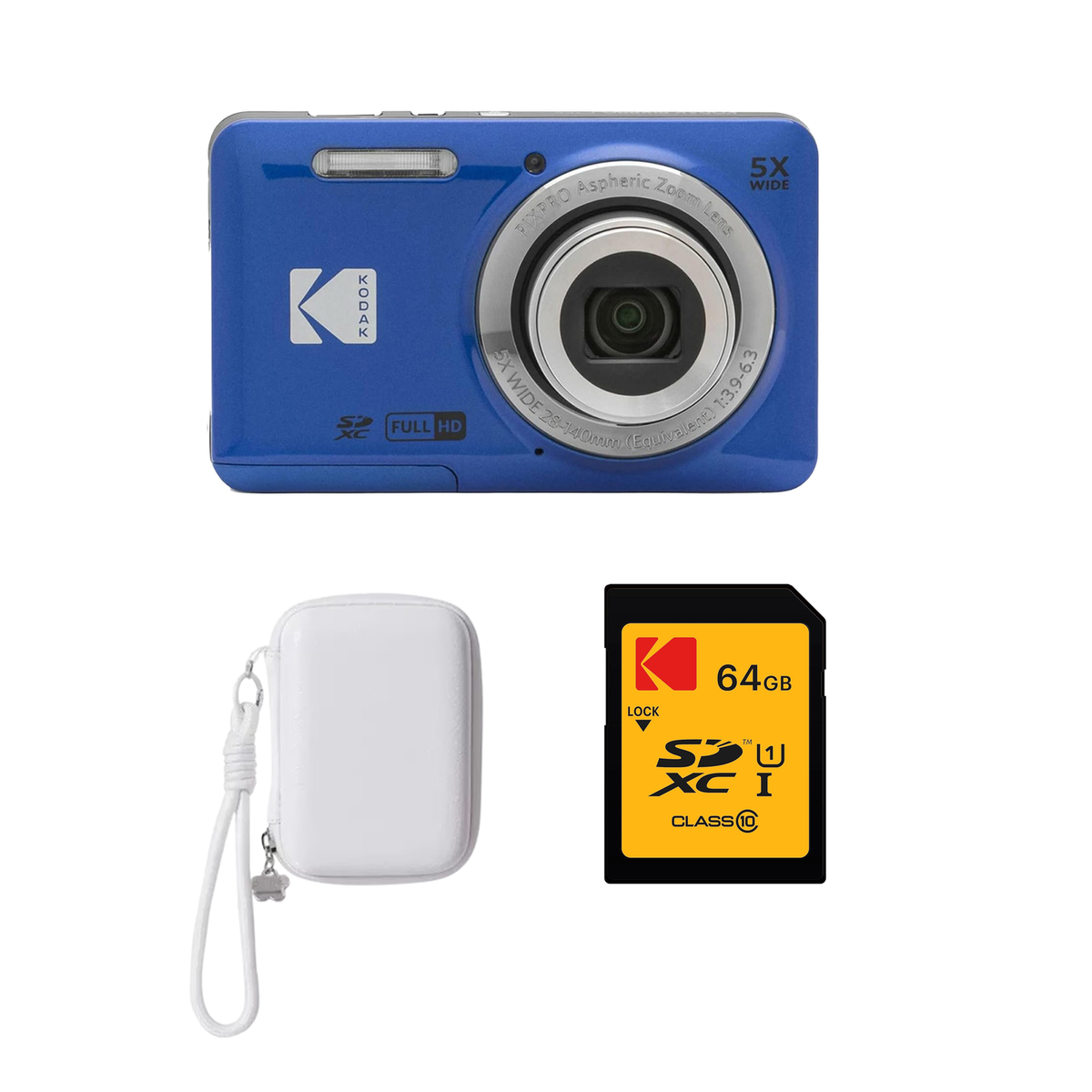 KODAK PIXPRO FZ55 Digital Camera, Blue, Ivory Strap Carry Case, 64GB SD Card Bundle - image 1