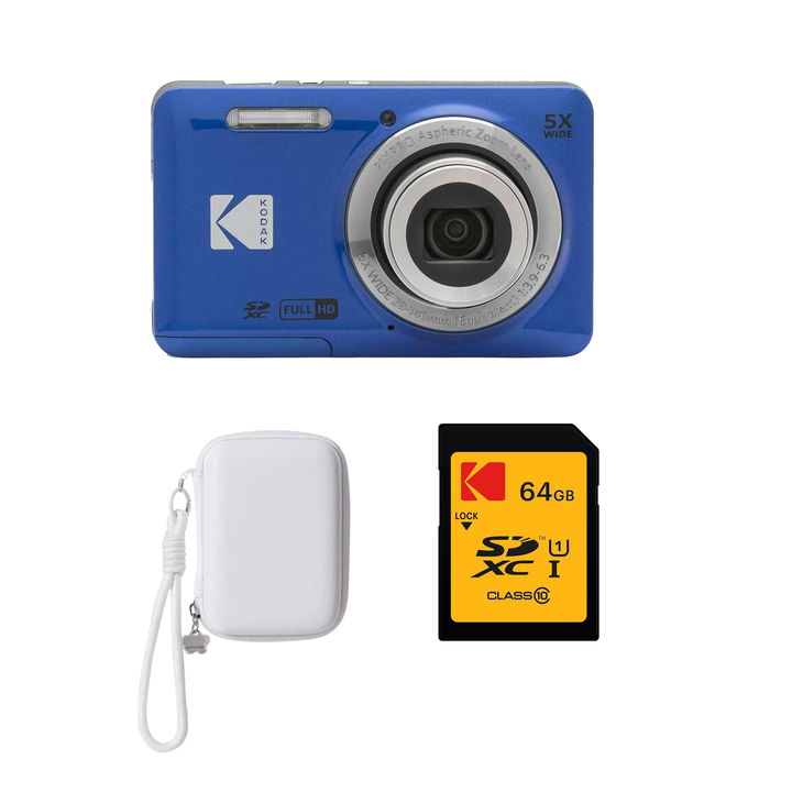 KODAK PIXPRO FZ55 Digital Camera, Blue, Ivory Strap Carry Case, 64GB SD Card Bundle - image 1