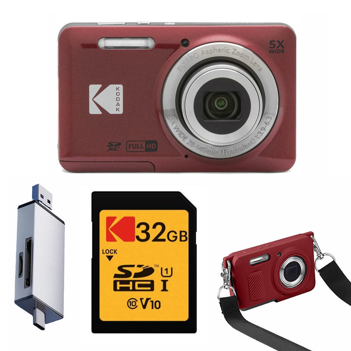 KODAK PIXPRO FZ55 Digital Camera, Red, 32GB SD Card, Silver Card Reader, Red Strap Silicone Case Bundle