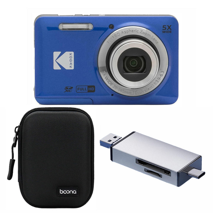 KODAK PIXPRO FZ55 Digital Camera, Blue, Black Carry Case, Silver Card Reader Bundle