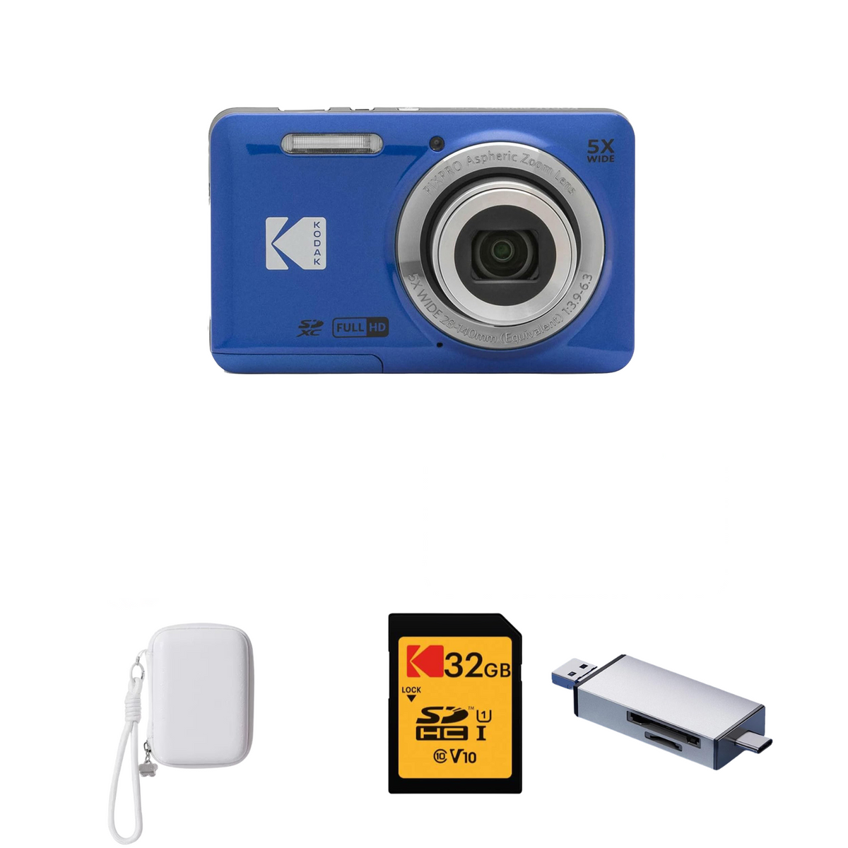 KODAK PIXPRO FZ55 Digital Camera, Blue, White Strap Carry Case, 32GB SD Card, Silver Card Reader Bundle — image 1