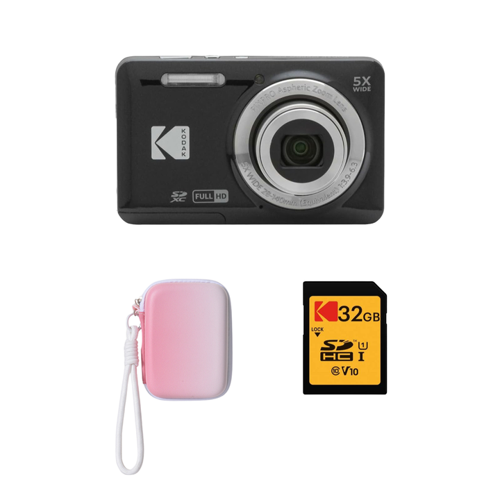 KODAK PIXPRO FZ55 Digital Camera, Black, Gradient Pink Strap Carry Case, 32GB SD Card Bundle - image 1
