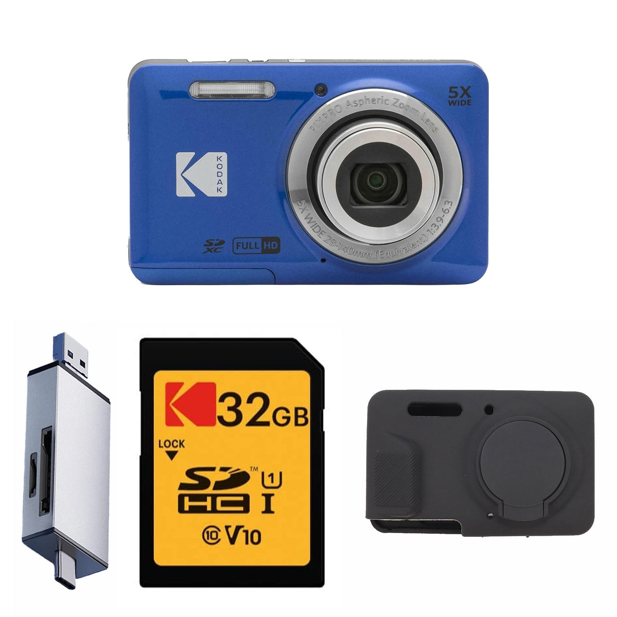 KODAK PIXPRO FZ55 Digital Camera, Blue, 32GB SD Card, Silver Card Reader, Black Silicone Case Bundle — image 1