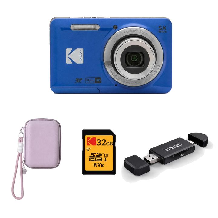 KODAK PIXPRO FZ55 Digital Camera, Blue, Lilac Strap Carry Case, 32GB SD Card, 3-in-1 Card Reader Bundle - image 1