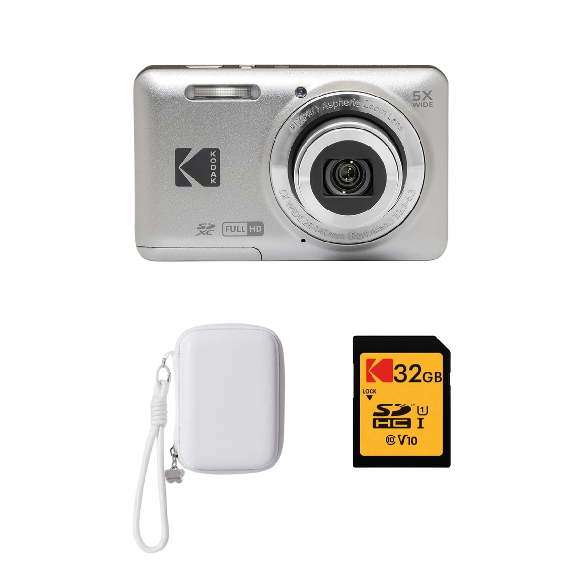 KODAK PIXPRO FZ55 Digital Camera, Silver, Ivory Strap Carry Case, 32GB SD Card Bundle - image 1