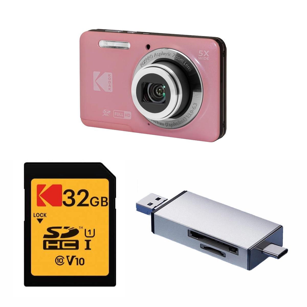 KODAK PIXPRO FZ55 Digital Camera, Pink, 32GB SD Card, Silver Card Reader Bundle — image 1