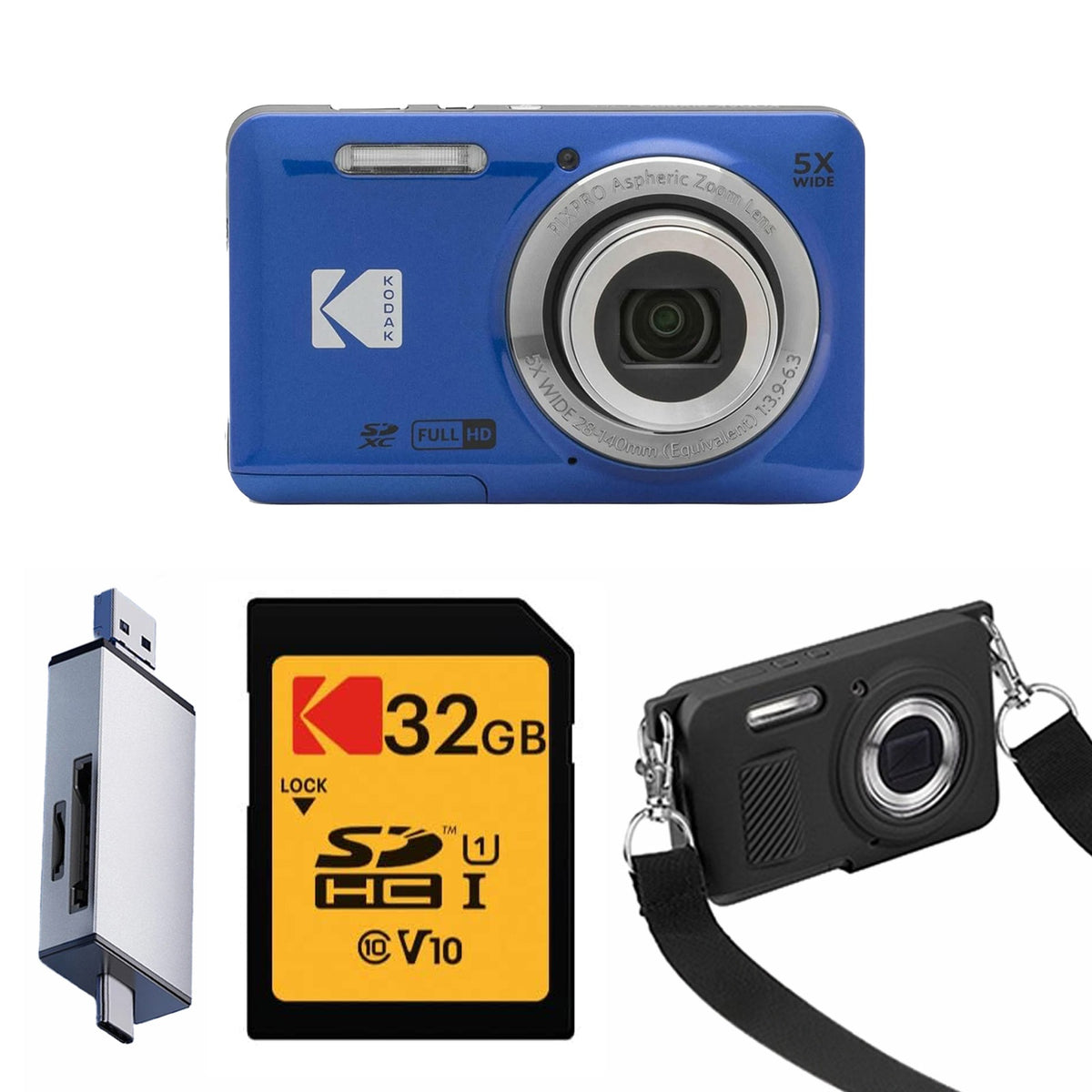 KODAK PIXPRO FZ55 Digital Camera, Blue, 32GB SD Card, Silver Card Reader, Black Strap Silicone Case Bundle — image 1
