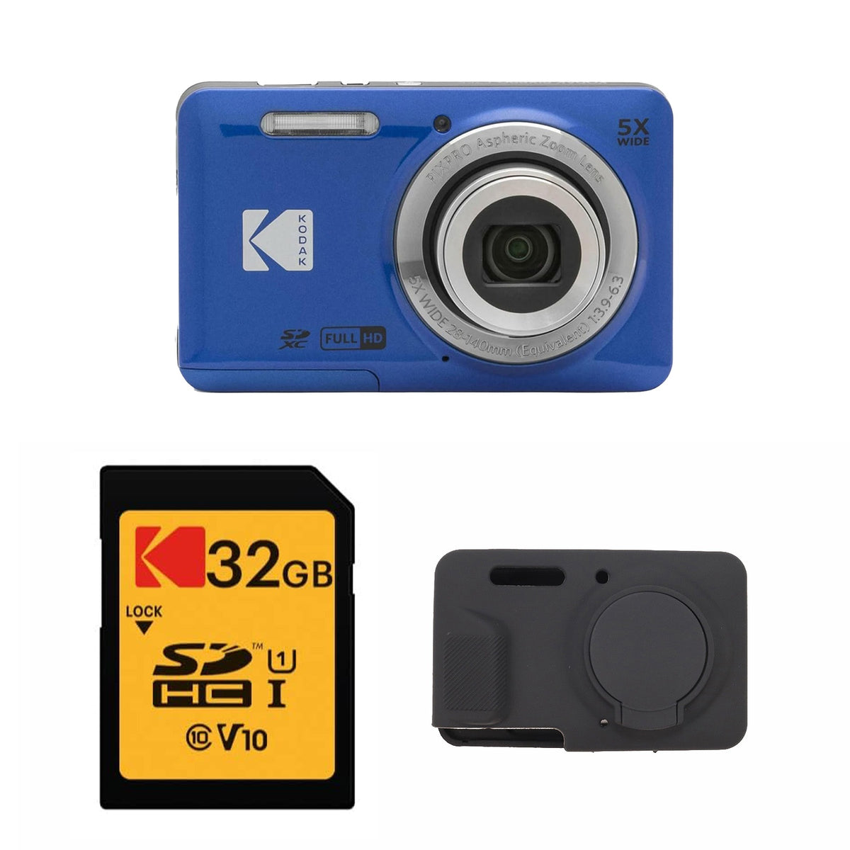 KODAK PIXPRO FZ55 Digital Camera, Blue, 32GB SD Card, Black Silicone Case Bundle — image 1