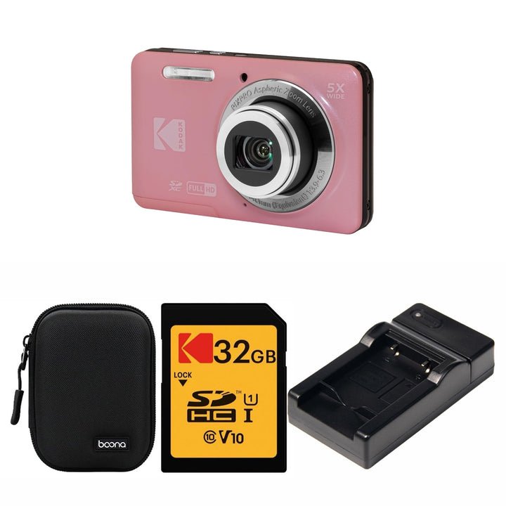 KODAK PIXPRO FZ55 Digital Camera, Pink, Black Carry Case, 32GB SD Card, Charging Cradle Bundle