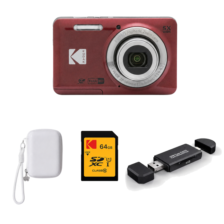 KODAK PIXPRO FZ55 Digital Camera, Red, Ivory Strap Carry Case, 64GB SD Card, 3-in-1 Card Reader Bundle - image 1