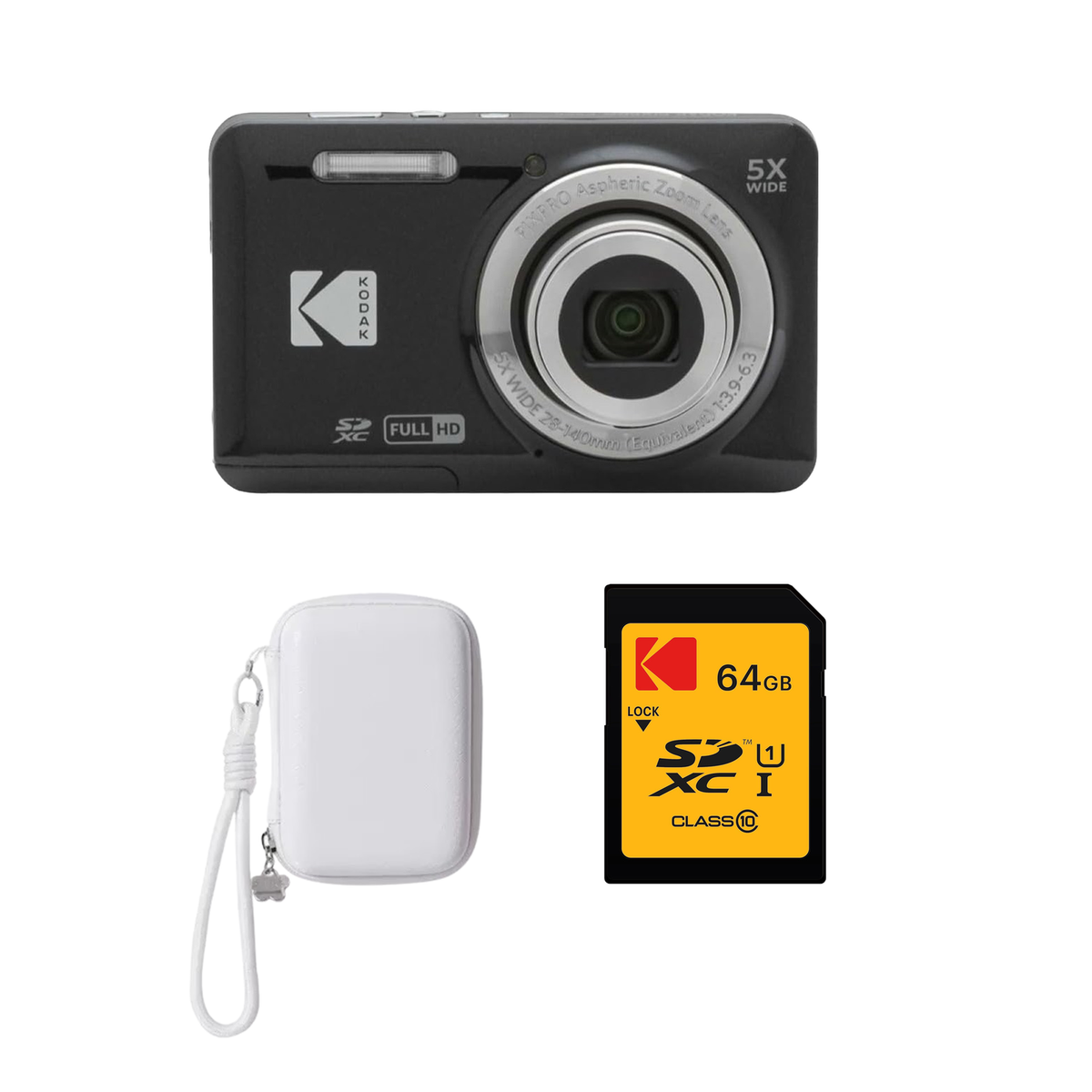 KODAK PIXPRO FZ55 Digital Camera, Black, Ivory Strap Carry Case, 64GB SD Card Bundle - image 1