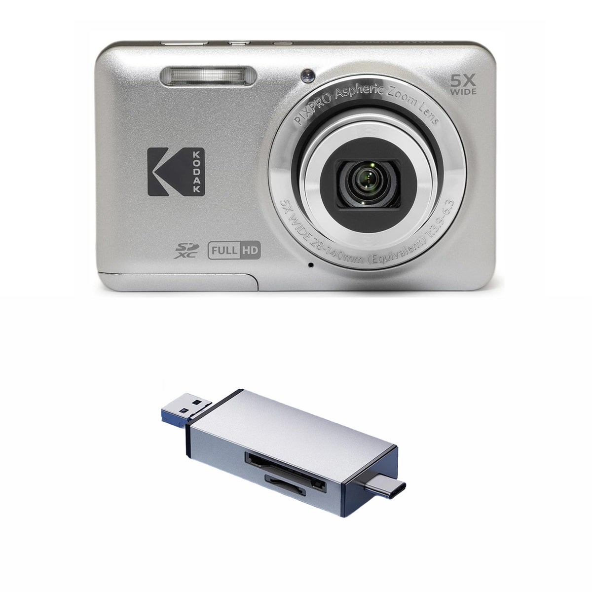 KODAK PIXPRO FZ55 Digital Camera, Silver, Silver Card Reader Bundle — image 1