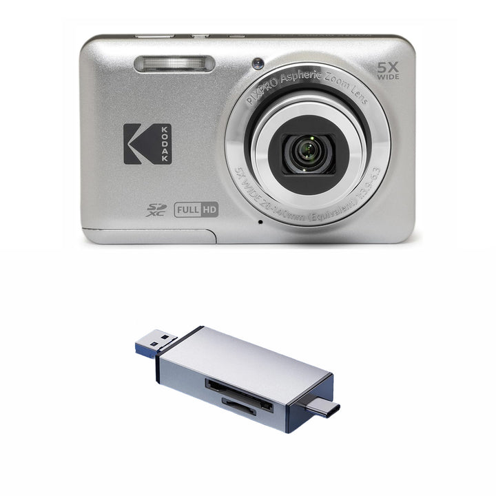 KODAK PIXPRO FZ55 Digital Camera, Silver, Silver Card Reader Bundle