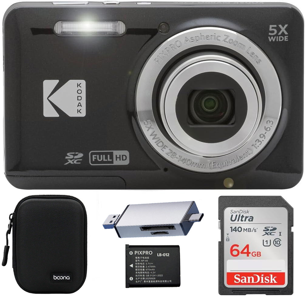 KODAK PIXPRO FZ55 Digital Camera, Black, Black Carry Case, 64GB SD Card, Silver Card Reader, Solid Style, Extra Battery Bundle — image 1