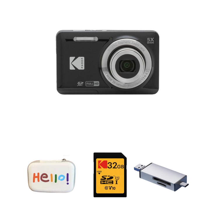 KODAK PIXPRO FZ55 Digital Camera, Black, Hello White Carry Case, 32GB SD Card, Silver Card Reader Bundle