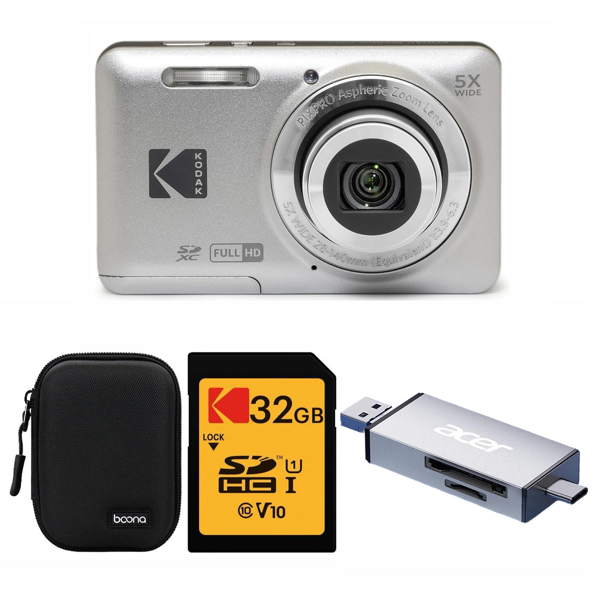 KODAK PIXPRO FZ55 Digital Camera, Silver, Black Carry Case, 32GB SD Card, Silver Card Reader, Ace Style Bundle — image 1