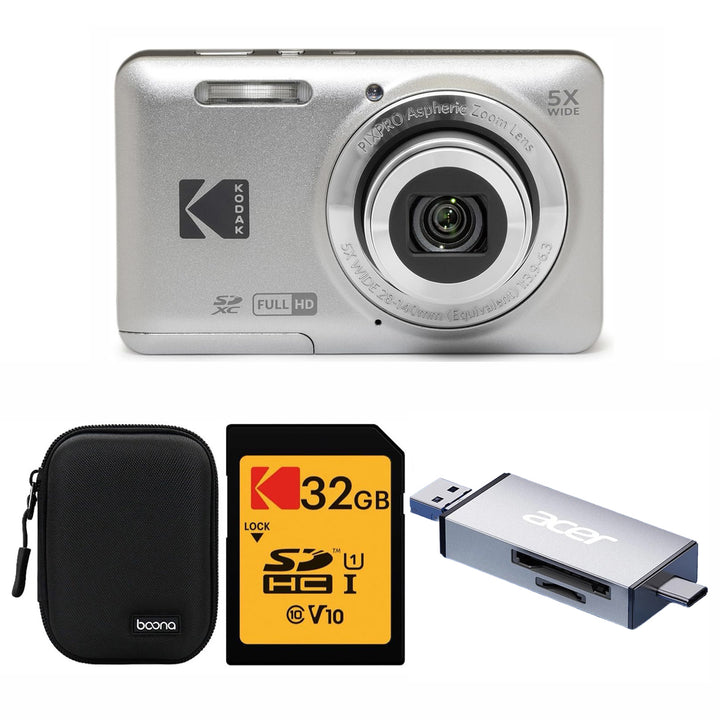 KODAK PIXPRO FZ55 Digital Camera, Silver, Black Carry Case, 32GB SD Card, Silver Card Reader, Ace Style Bundle