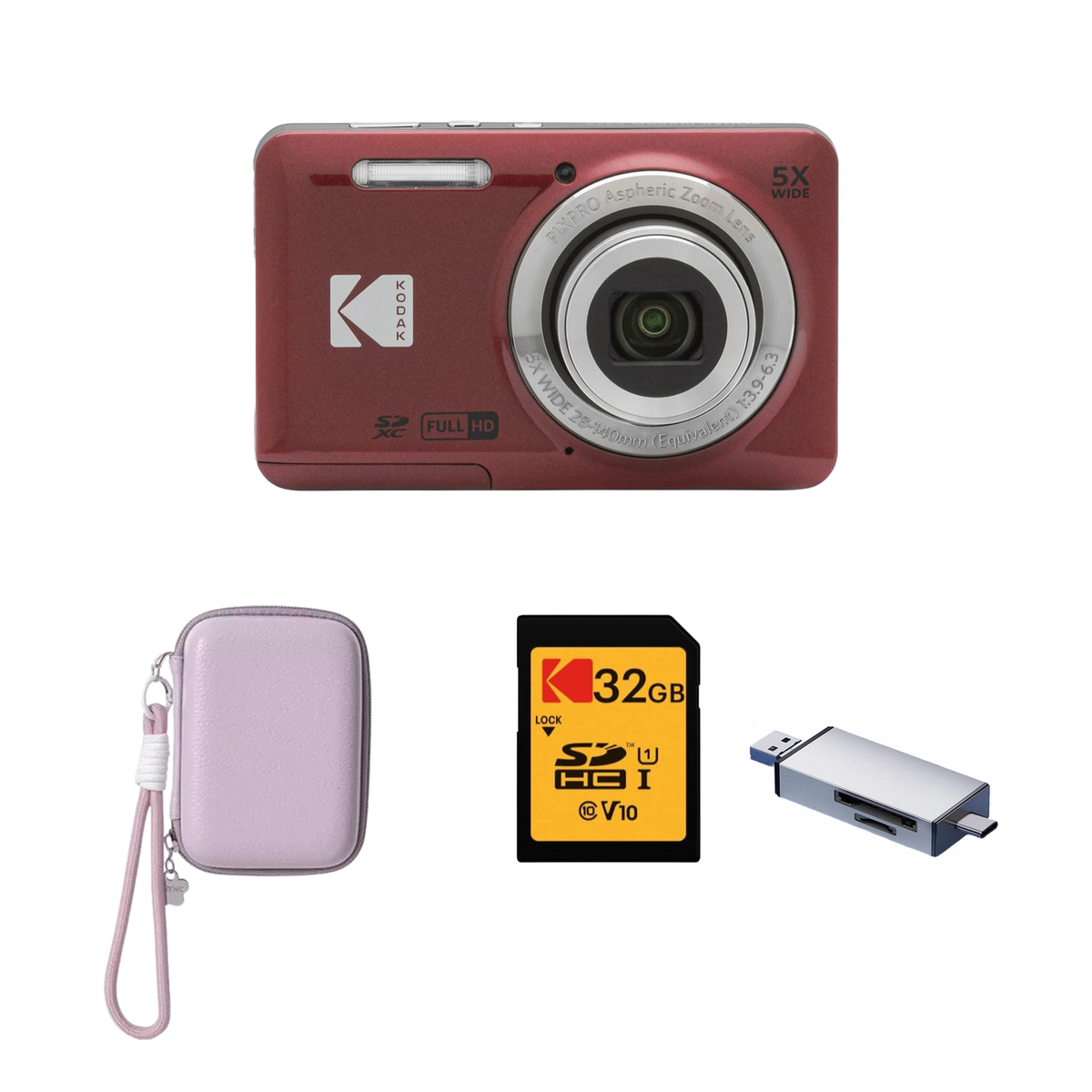 KODAK PIXPRO FZ55 Digital Camera, Red, Lilac Strap Carry Case, 32GB SD Card, Silver Card Reader Bundle - image 1