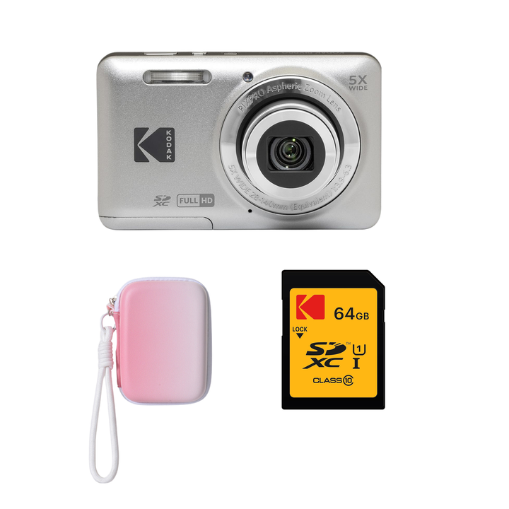 KODAK PIXPRO FZ55 Digital Camera, Silver, Gradient Pink Strap Carry Case, 64GB SD Card Bundle - image 1