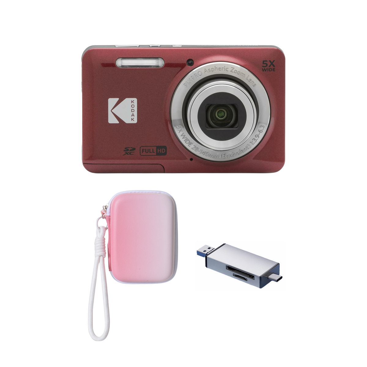 KODAK PIXPRO FZ55 Digital Camera, Red, Gradient Pink Strap Carry Case, Silver Card Reader Bundle - image 1