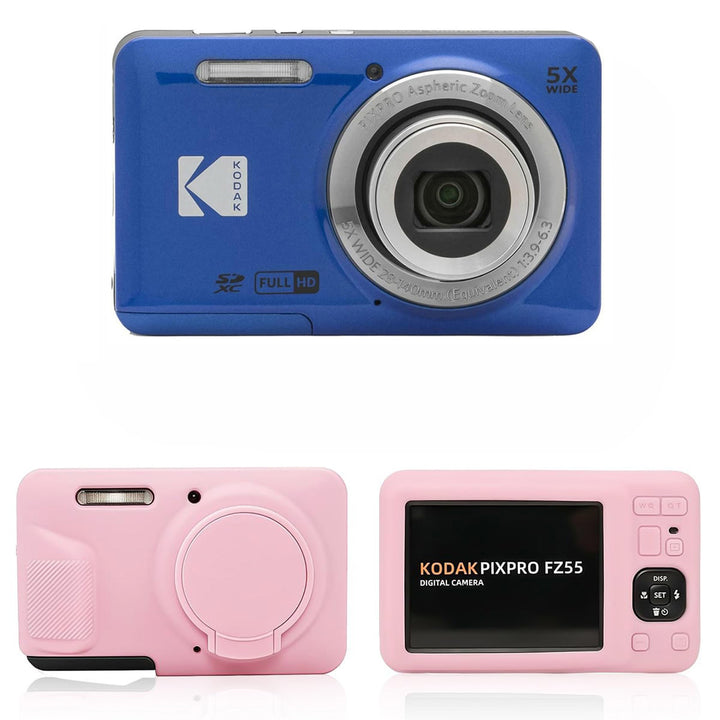 KODAK PIXPRO FZ55 Digital Camera, Blue, Pink Silicone Case Bundle