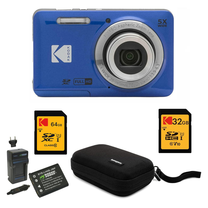 KODAK PIXPRO FZ55 Digital Camera, Blue, Black Carry Case, 64GB SD Card, 32GB SD Card, Charging Cradle, Extra Battery Bundle