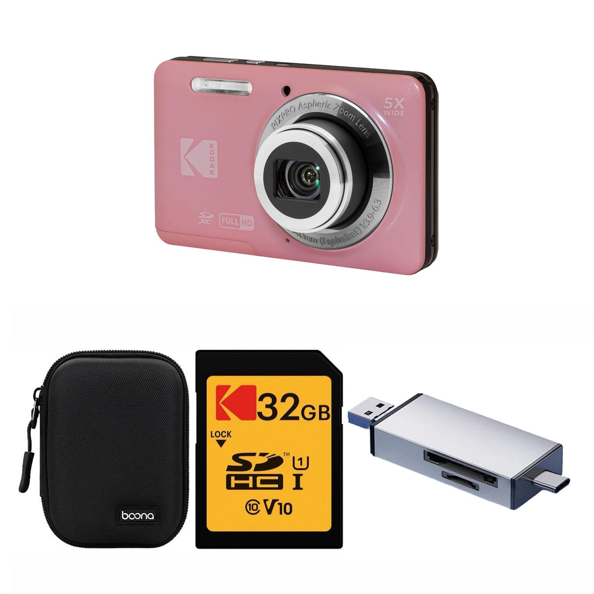 KODAK PIXPRO FZ55 Digital Camera, Pink, Black Carry Case, 32GB SD Card, Silver Card Reader, Solid Style Bundle — image 1