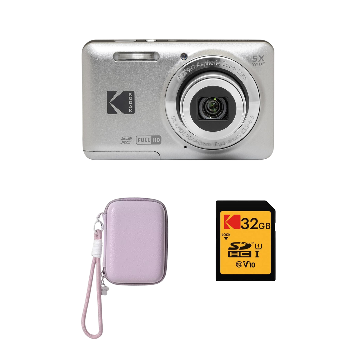 KODAK PIXPRO FZ55 Digital Camera, Silver, Lilac Strap Carry Case, 32GB SD Card Bundle - image 1