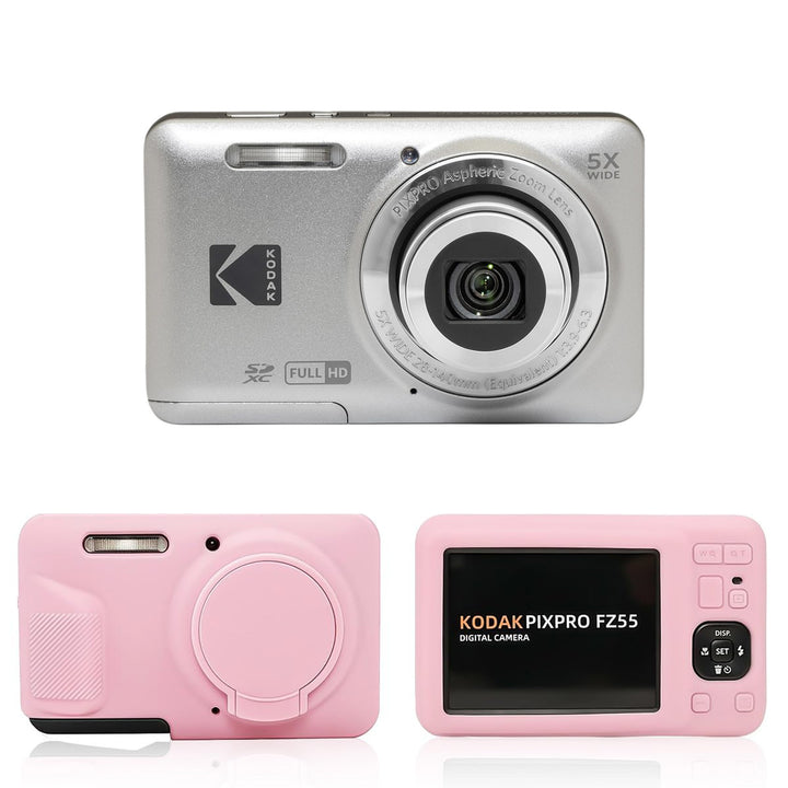 KODAK PIXPRO FZ55 Digital Camera, Silver, Pink Protective Shell Bundle