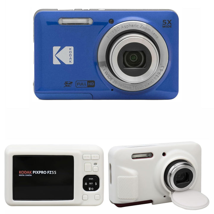 KODAK PIXPRO FZ55 Digital Camera, Blue, White Silicone Case Bundle