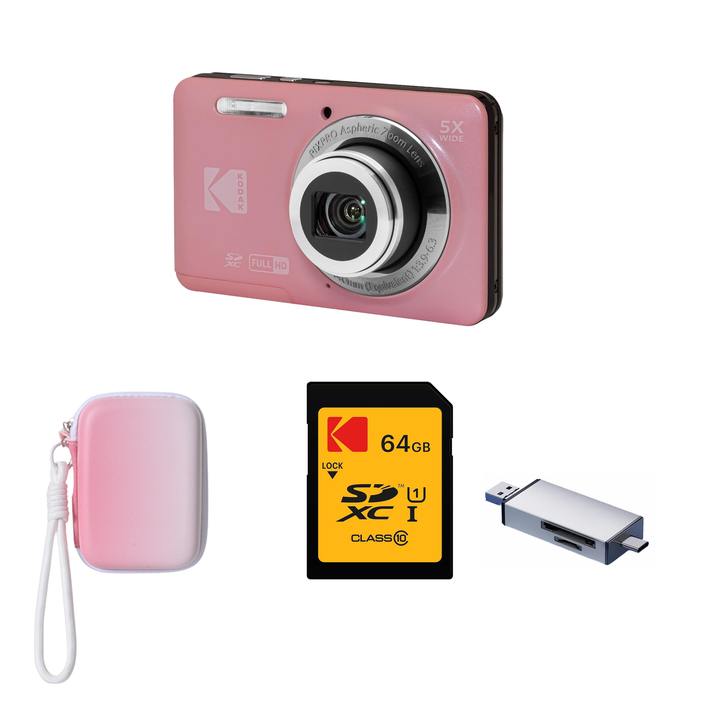 KODAK PIXPRO FZ55 Digital Camera, Pink, Gradient Pink Strap Carry Case, 64GB SD Card, Silver Card Reader Bundle - image 1