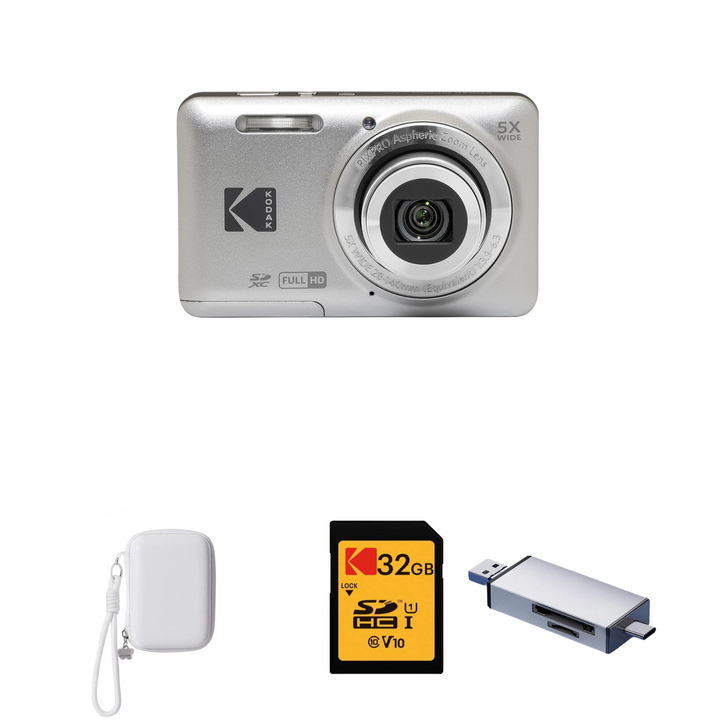KODAK PIXPRO FZ55 Digital Camera, Silver, White Strap Carry Case, 32GB SD Card, Silver Card Reader Bundle