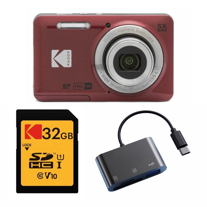 KODAK PIXPRO FZ55 Digital Camera, Red, 32GB SD Card, Black Card Reader Bundle
