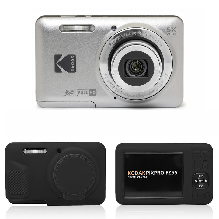 KODAK PIXPRO FZ55 Digital Camera, Silver, Black Silicone Case Bundle
