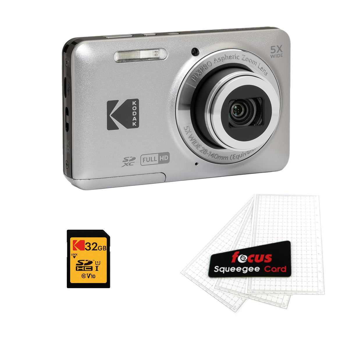 KODAK PIXPRO FZ55 Digital Camera, Silver, 32GB SD Card, Cleaning Card Bundle — image 1