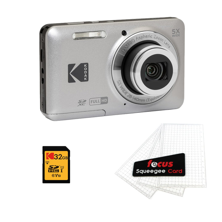 KODAK PIXPRO FZ55 Digital Camera, Silver, 32GB SD Card, Cleaning Card Bundle