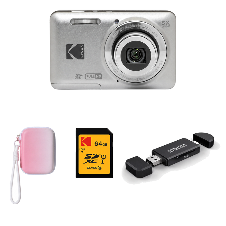 KODAK PIXPRO FZ55 Digital Camera, Silver, Gradient Pink Strap Carry Case, 64GB SD Card, 3-in-1 Card Reader Bundle - image 1