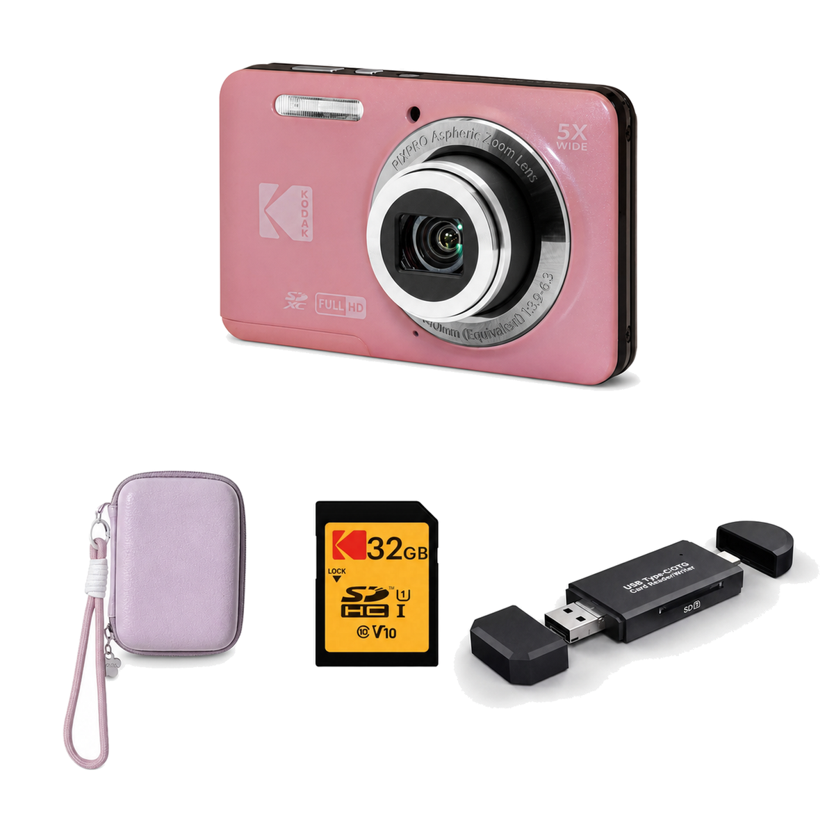 KODAK PIXPRO FZ55 Digital Camera, Pink, Lilac Strap Carry Case, 32GB SD Card, 3-in-1 Card Reader Bundle - image 1