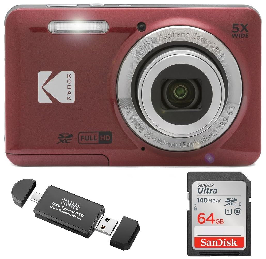 KODAK PIXPRO FZ55 Digital Camera, Red, 64GB SD Card, Black Card Reader Bundle — image 1