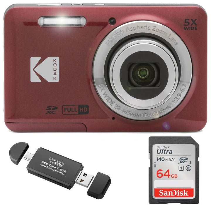 KODAK PIXPRO FZ55 Digital Camera, Red, 64GB SD Card, Black Card Reader Bundle
