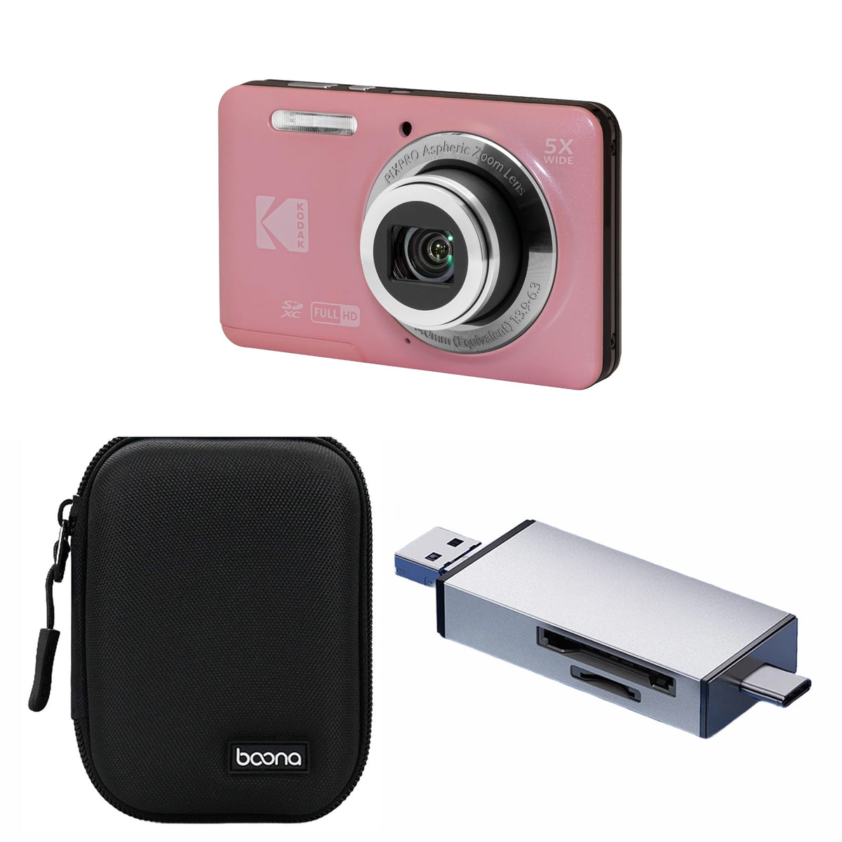 KODAK PIXPRO FZ55 Digital Camera, Pink, Black Carry Case, Silver Card Reader Bundle — image 1